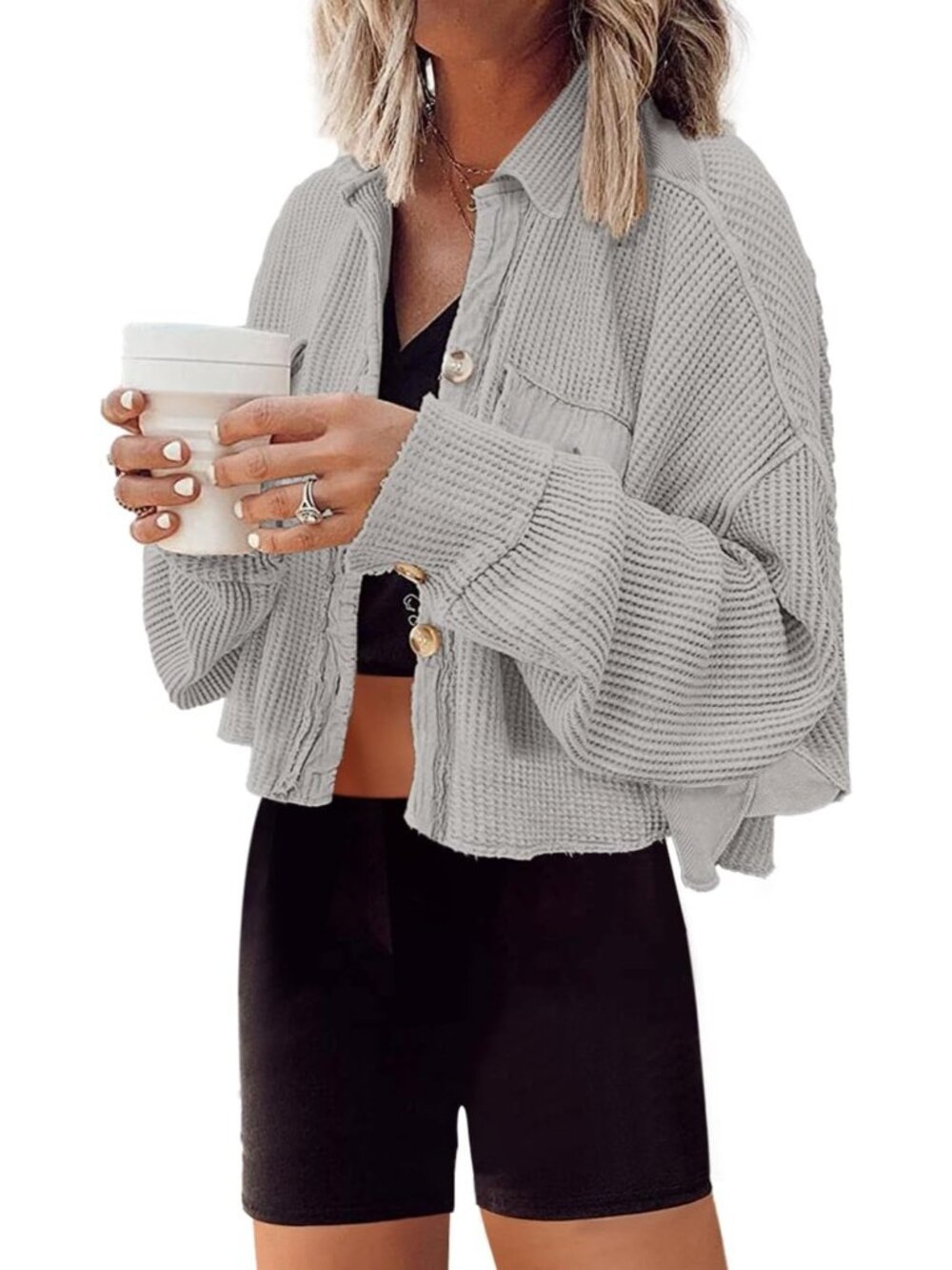 Women Grey Cropped Waffle Knit Button Down Batwing Sleeve Pocket Cardigan Jacket